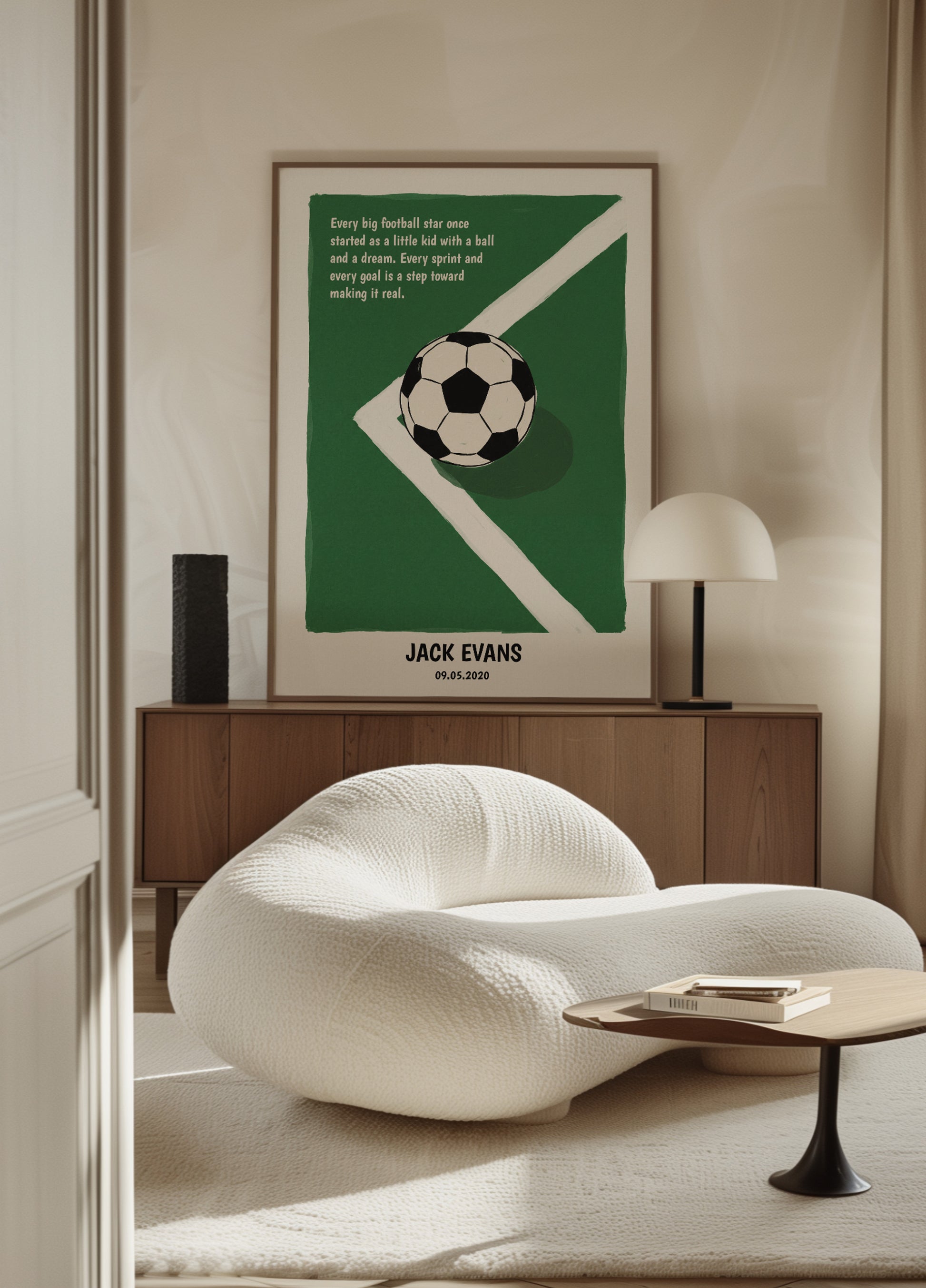 Inspirational Football Quote with Soccer Ball on Field