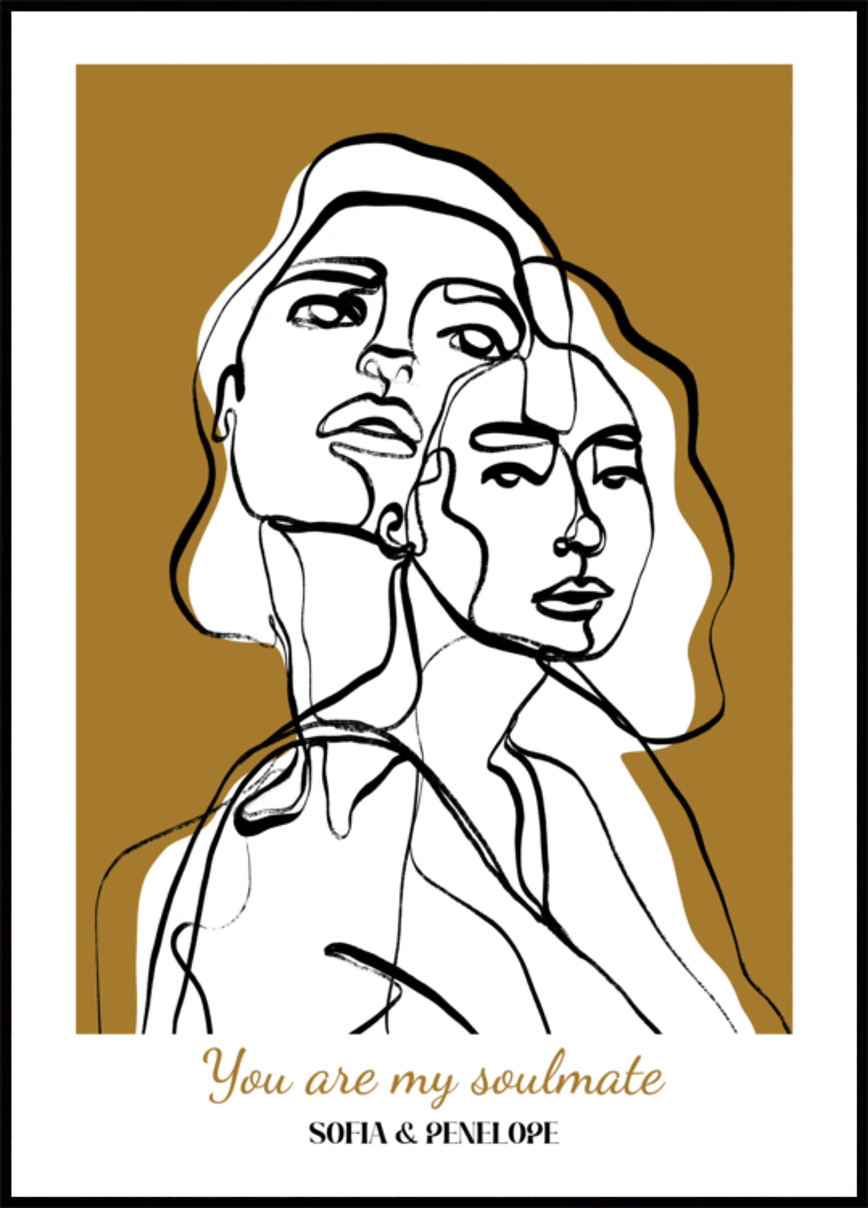 Non-personalized Abstract Line Art Portrait of Two Women with Soulmate Quote