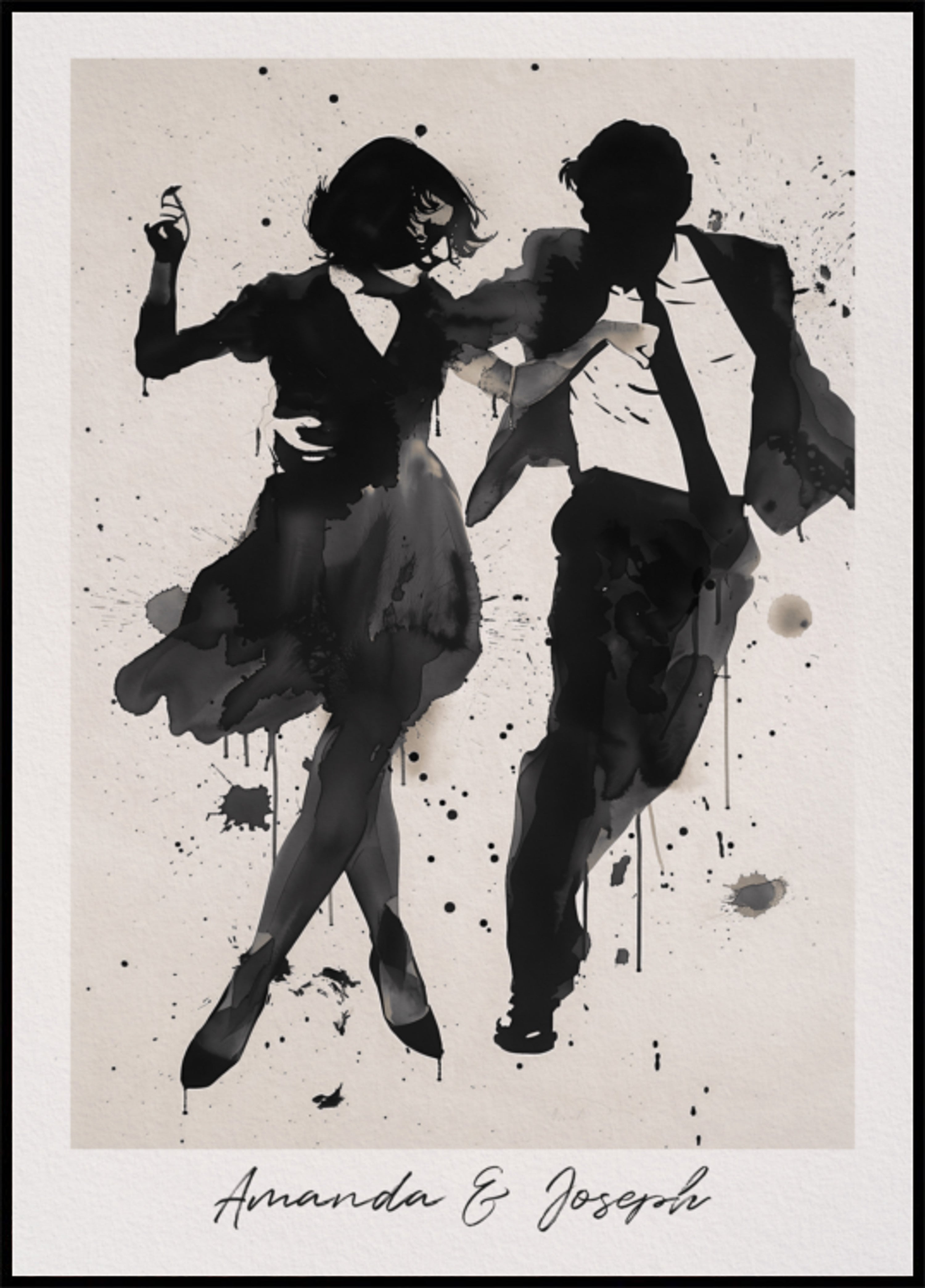 Silhouette of Dancing Couple Ink Art