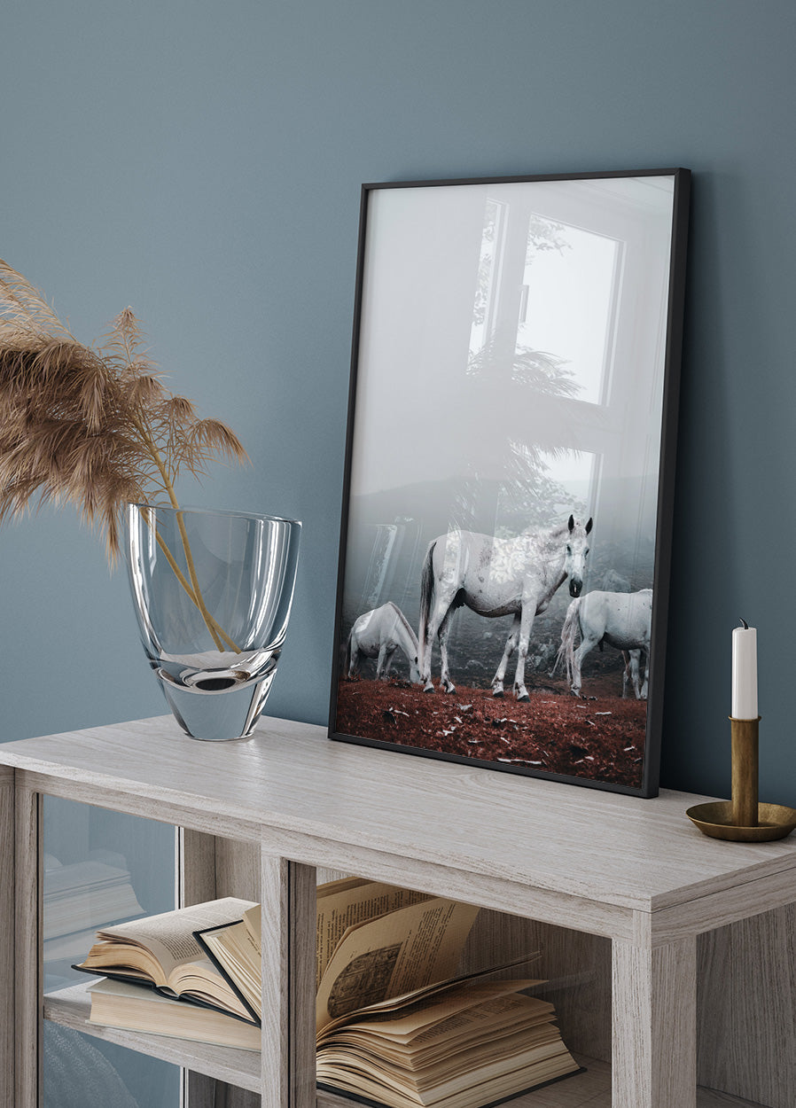 White Horses in Foggy Landscape Poster